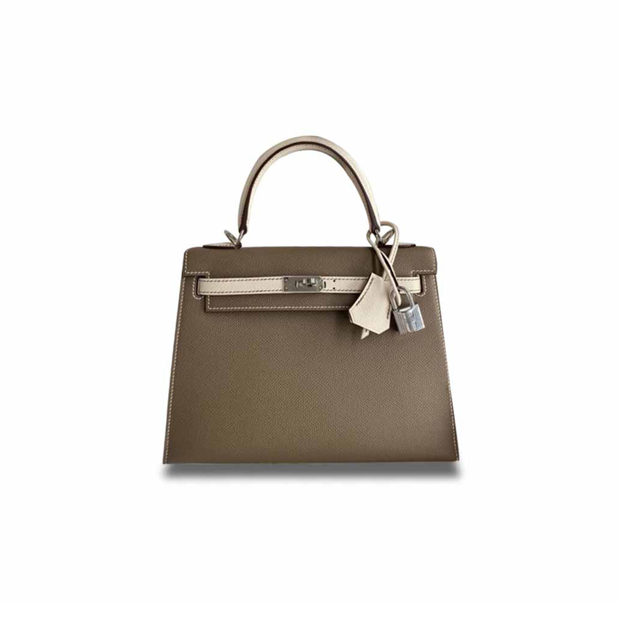 H**mes kelly 25 epsom milkshake white with pewter gray silver buckle (25*17*7cm)